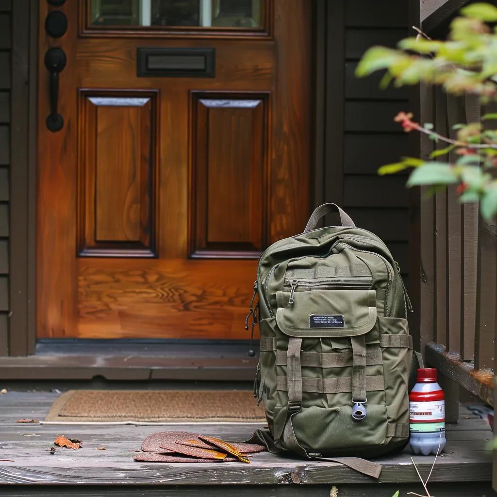 Go-bag backpack with basic supplies placed inside next to the front door
