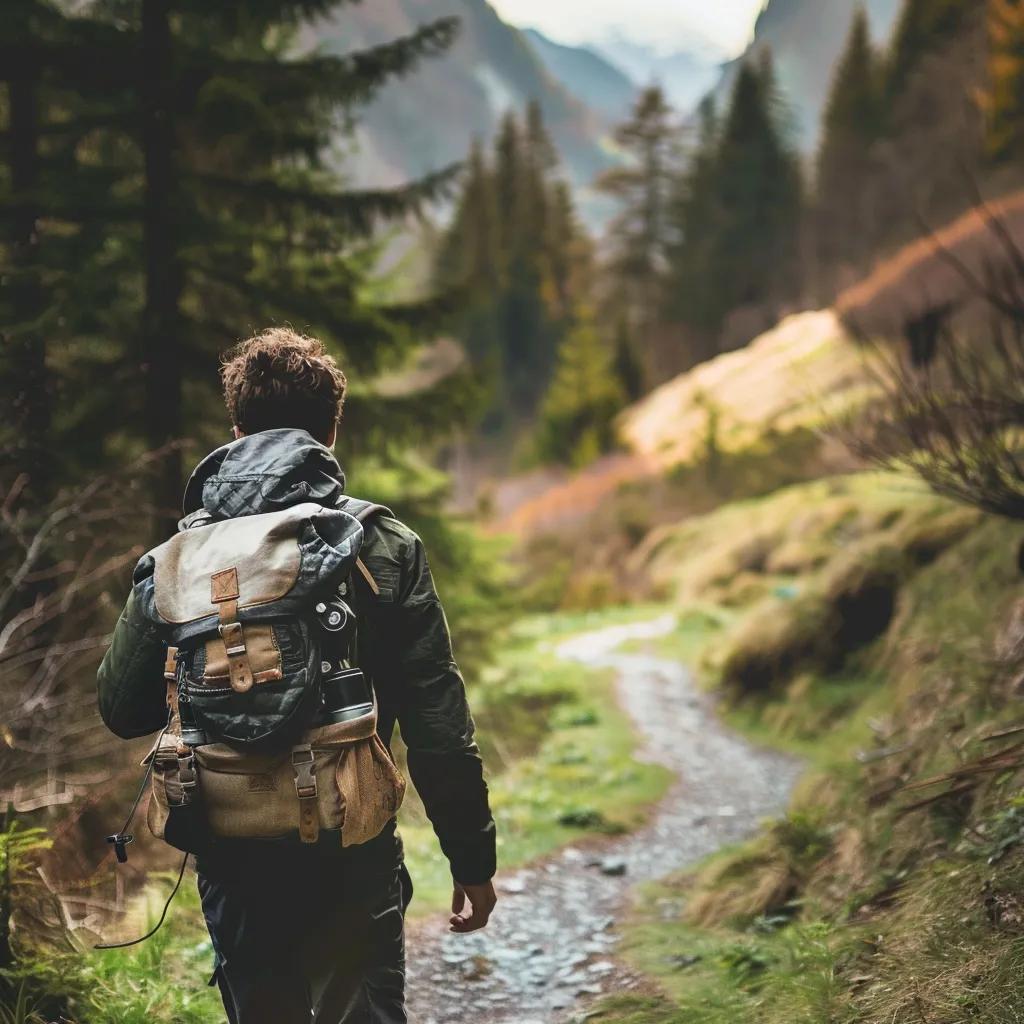 Hiker carrying a small backpack on a trail toward a remote clearing, representing off-grid radio setup preparation