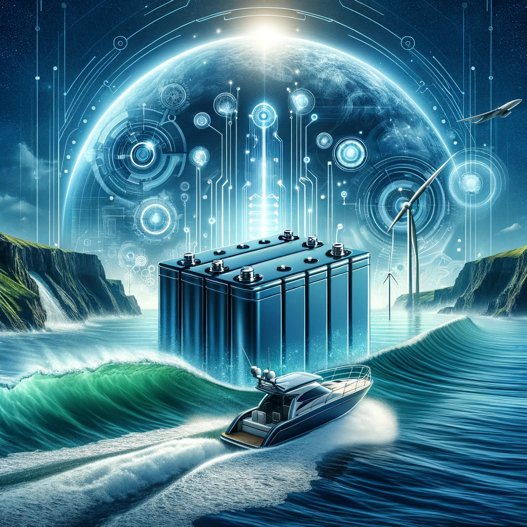 Illustration of advanced marine batteries against a backdrop of a high-tech boat and ocean waves, symbolizing the future of marine technology.