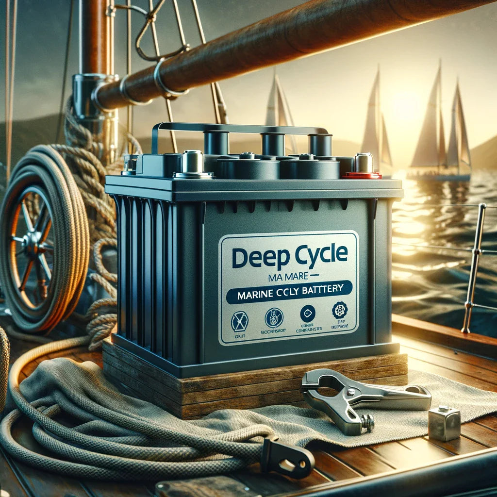 A robust deep cycle marine battery specifically designed for sailing, showcased in a marine environment with elements like ropes and nautical instruments, symbolizing its essential role in providing reliable power for safe and efficient sailing.