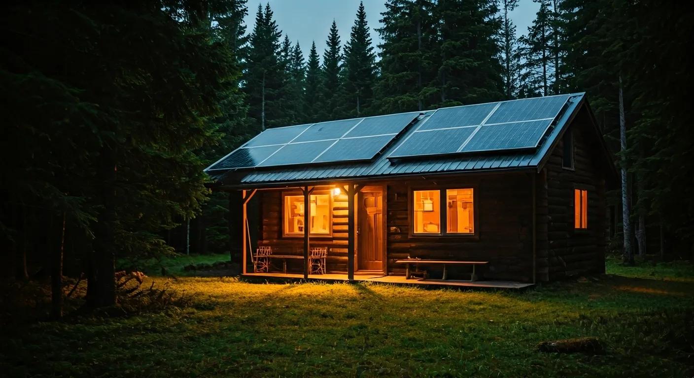 Scenic off-grid cabin in a forest setting with rooftop solar panels and warm interior lighting, representing renewable energy storage, solar-powered living, and sustainable off-grid lifestyles.