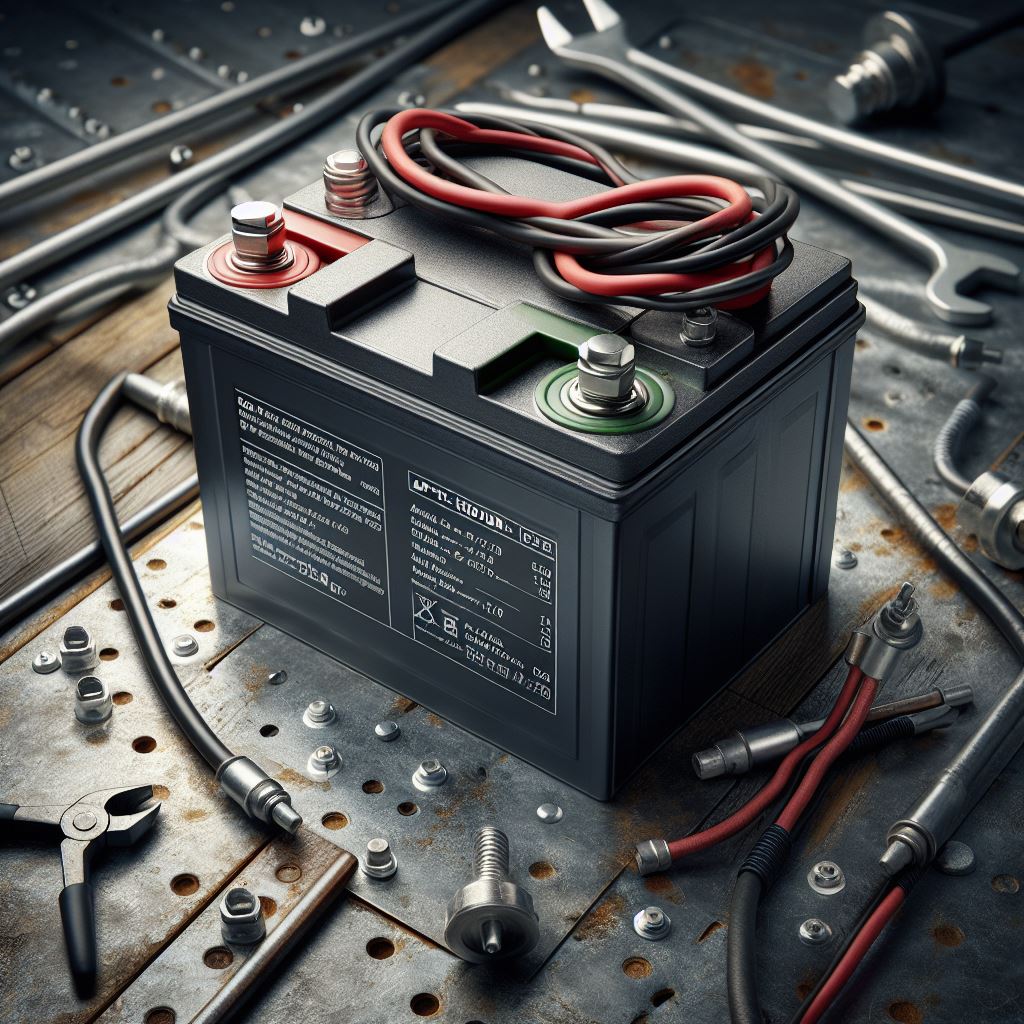 black deep cycle battery with wire connections on workbench