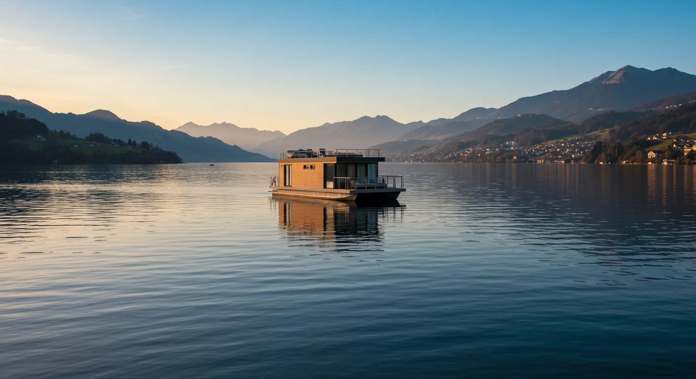 Houe boat powered but lifepo4 batteries docked in a mountain lake.