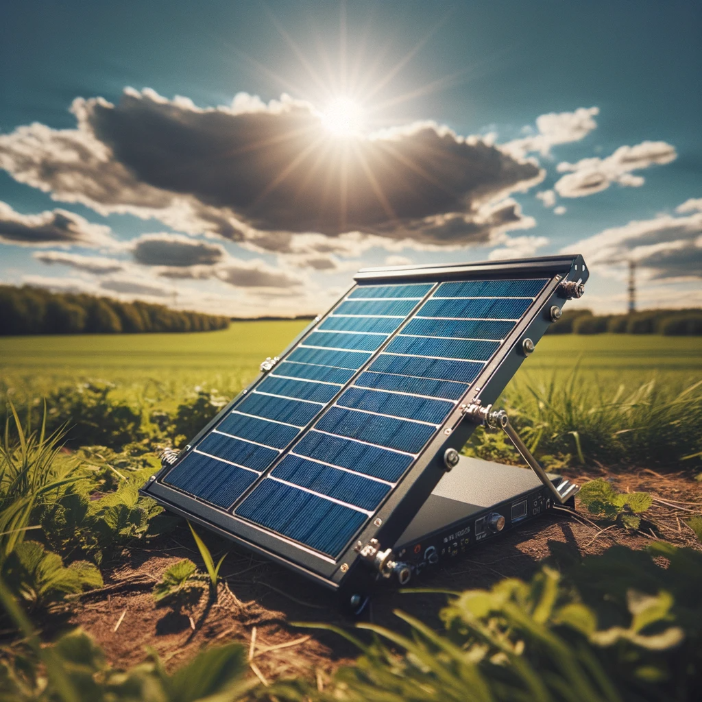 A portable solar module designed for amateur radio, placed in a field under a clear sky, capturing sunlight efficiently with a hint of a radio setup in the background.