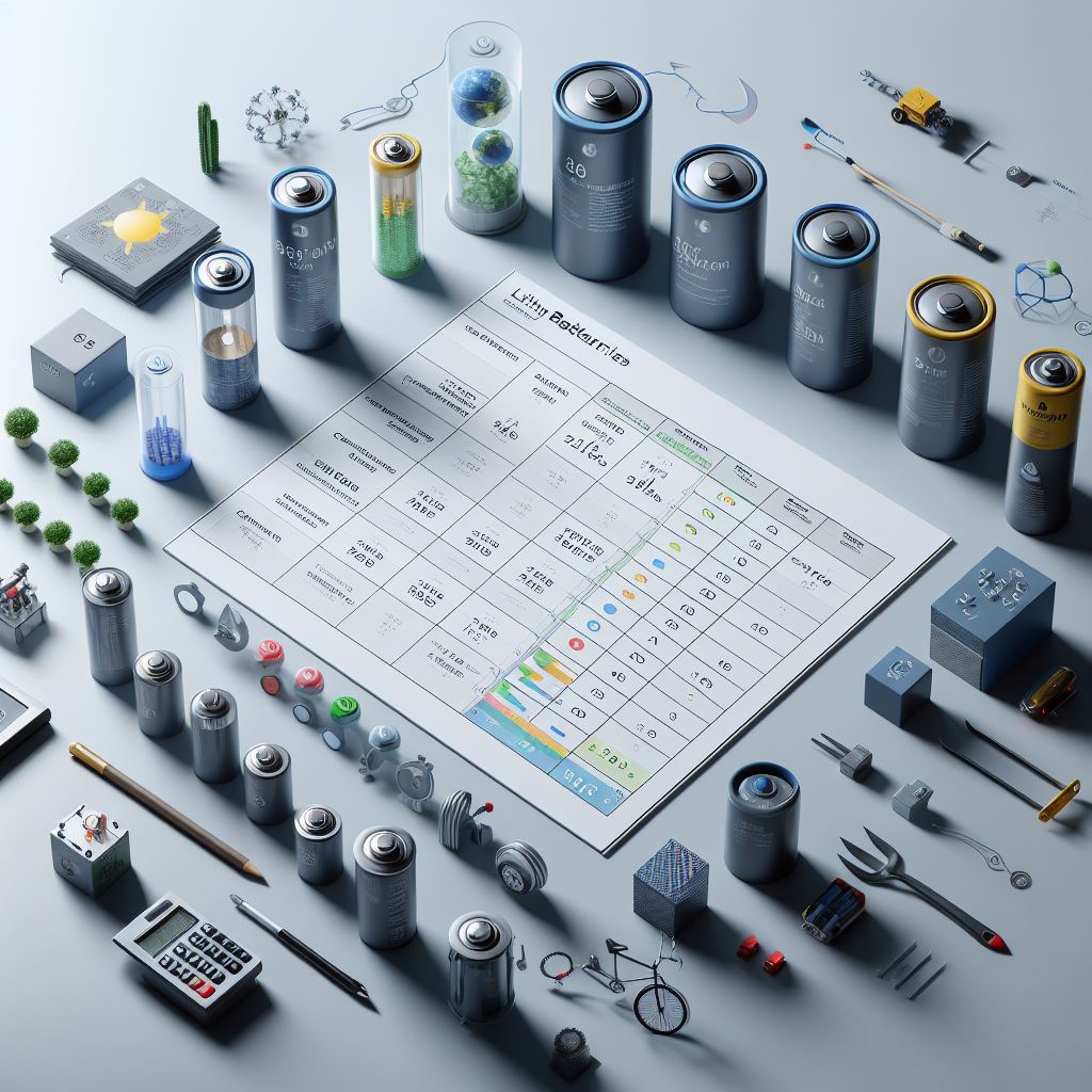 An array of various lithium batteries lined up for comparison, showcasing differences in size, capacity, and application, illustrating the diversity and versatility of lithium battery technology.