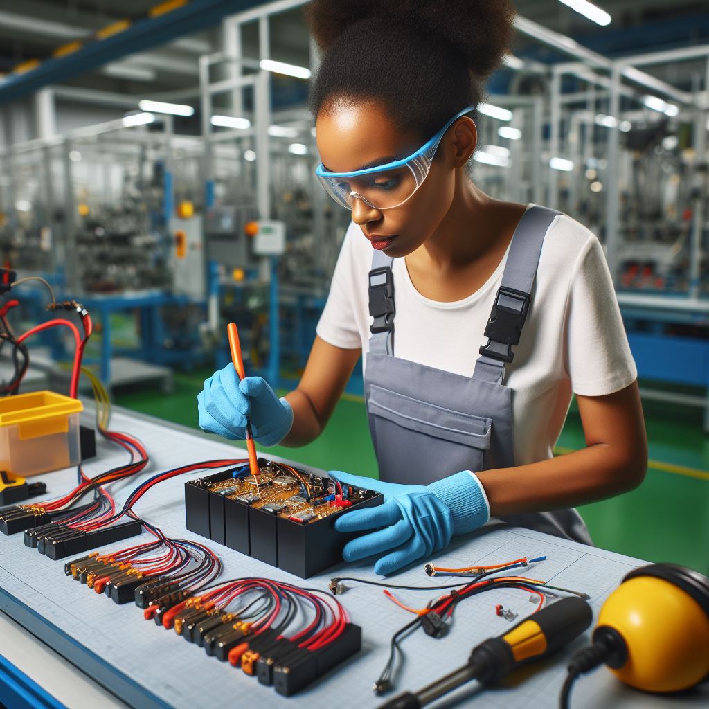 A skilled woman is meticulously assembling a lithium iron phosphate (LiFePO4) battery pack, connecting cells and ensuring safety in a well-lit workshop. The image captures the precision and expertise involved in creating sustainable energy solutions.