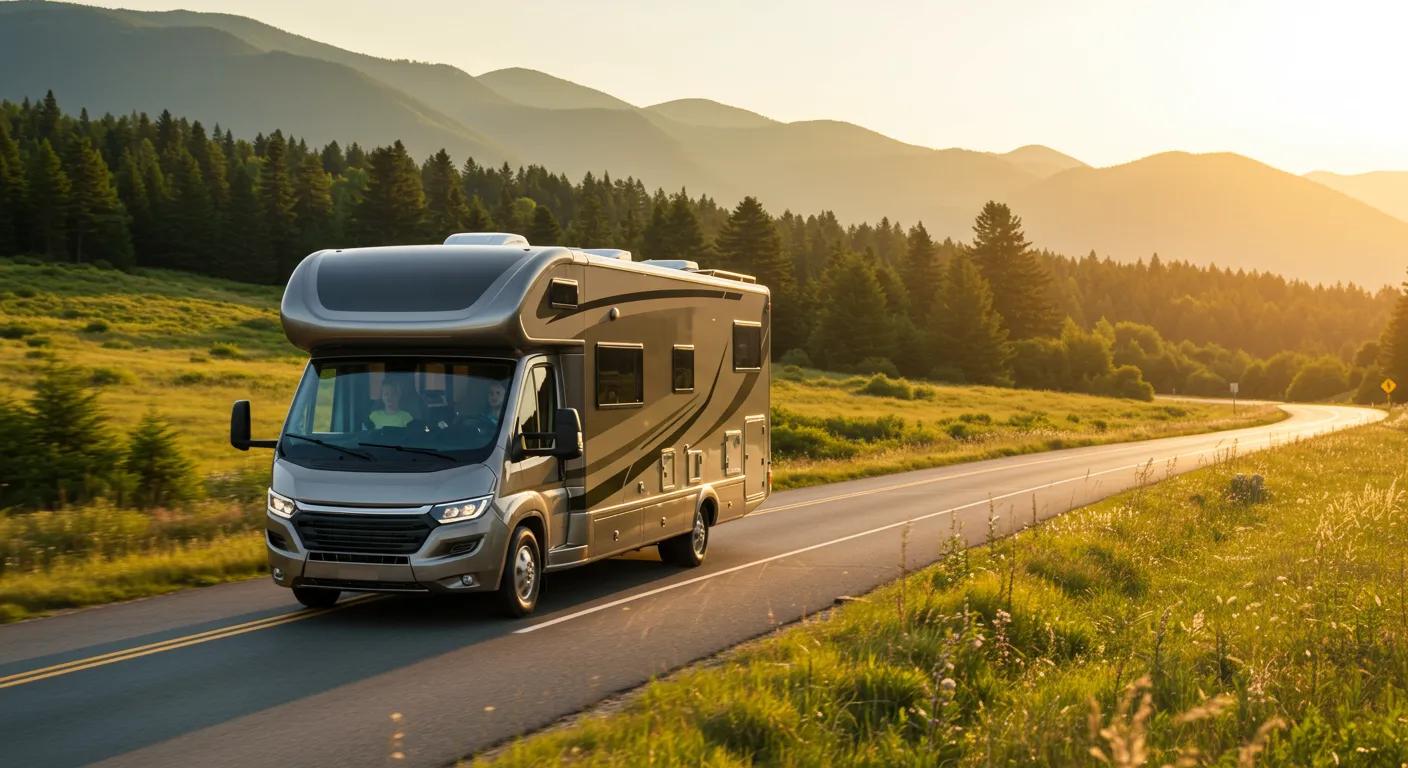 Modern RV driving through scenic roads on a summer road trip
