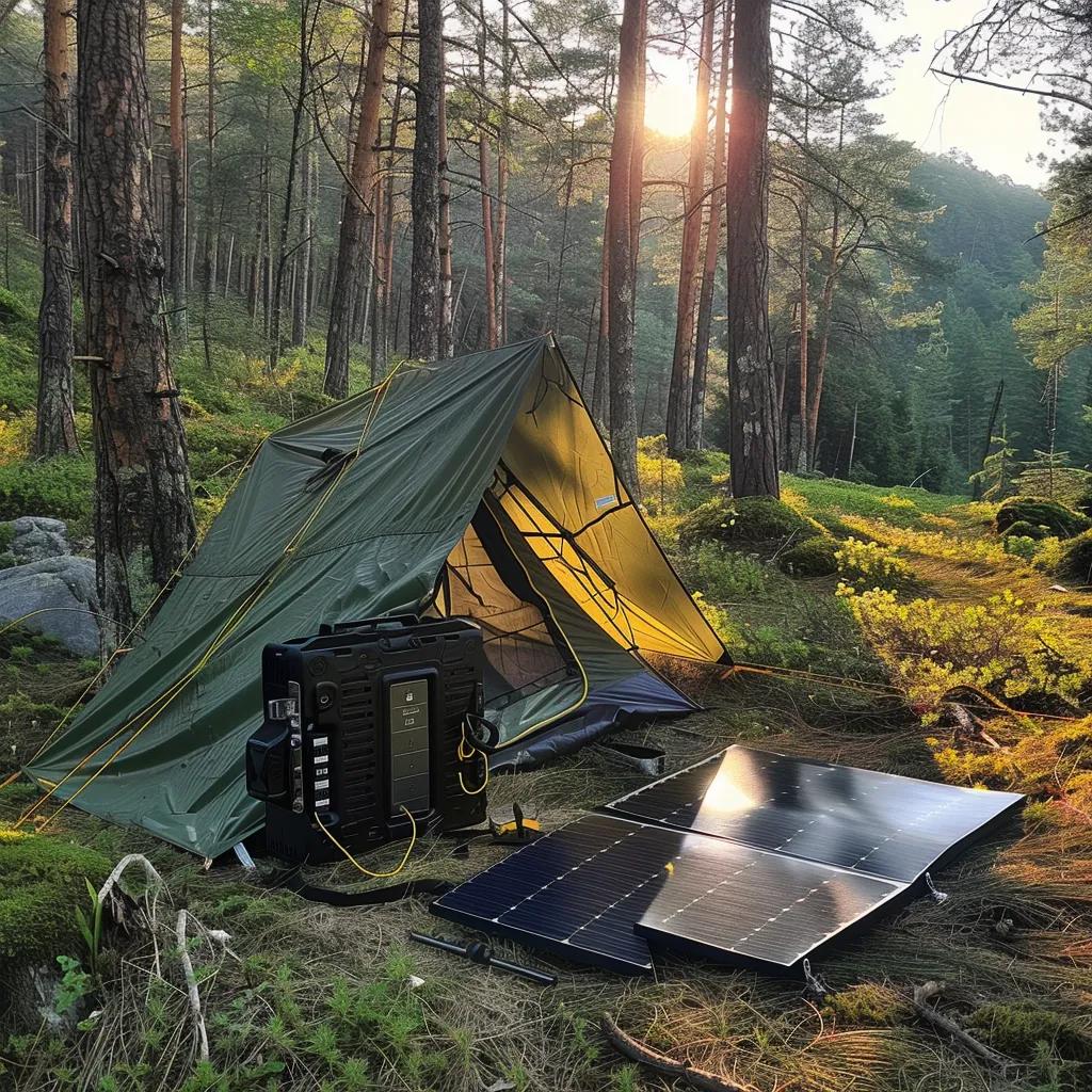 Remote spring camping site powered by Bioenno LiFePO4 battery and foldable solar panel