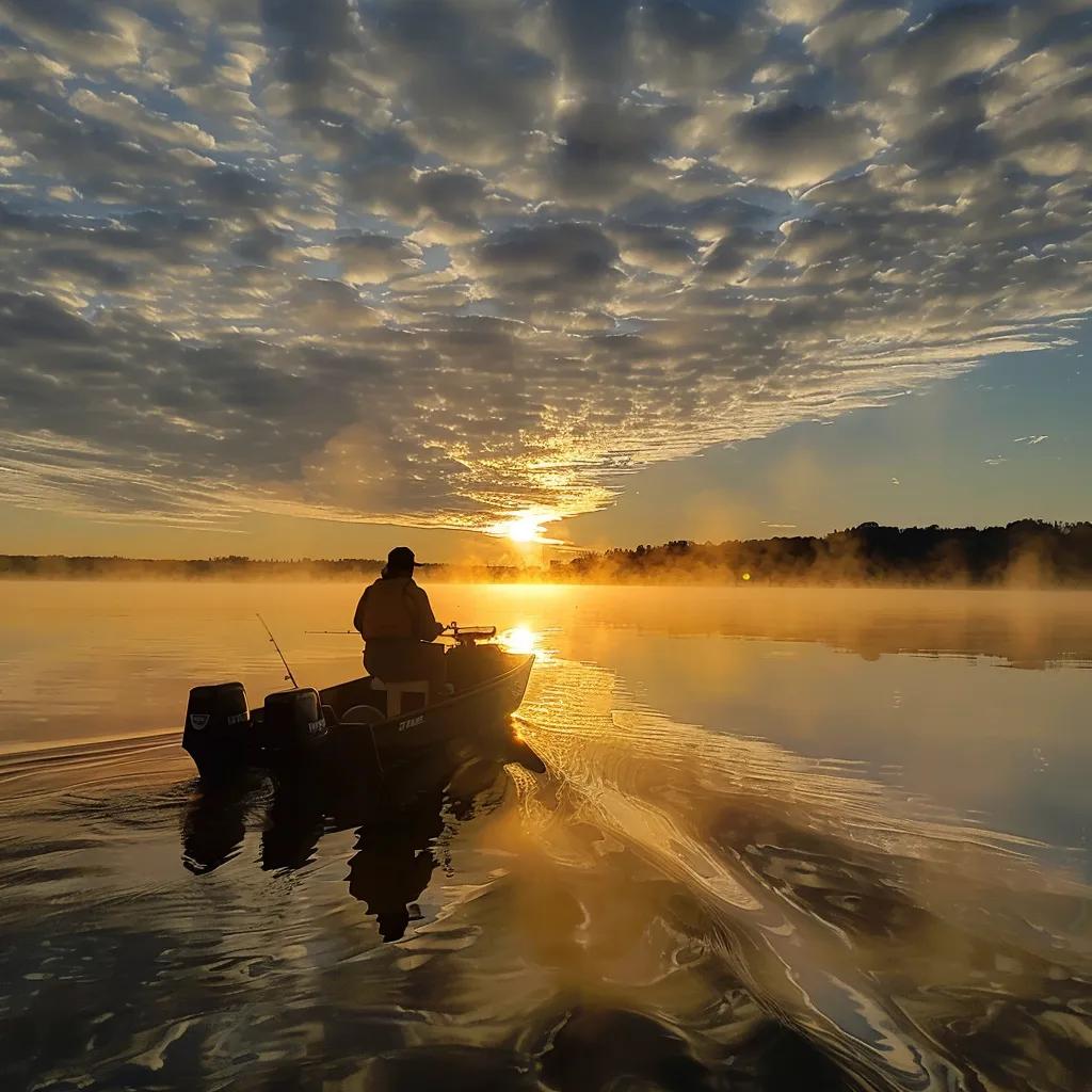 Spring angler using trolling motor powered by Bioenno LiFePO4 battery at sunrise.