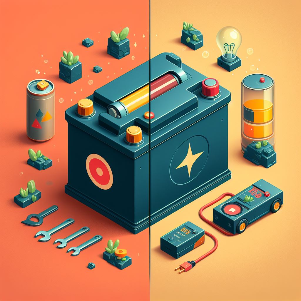 Split image of a deep cycle and regular battery around battery applications