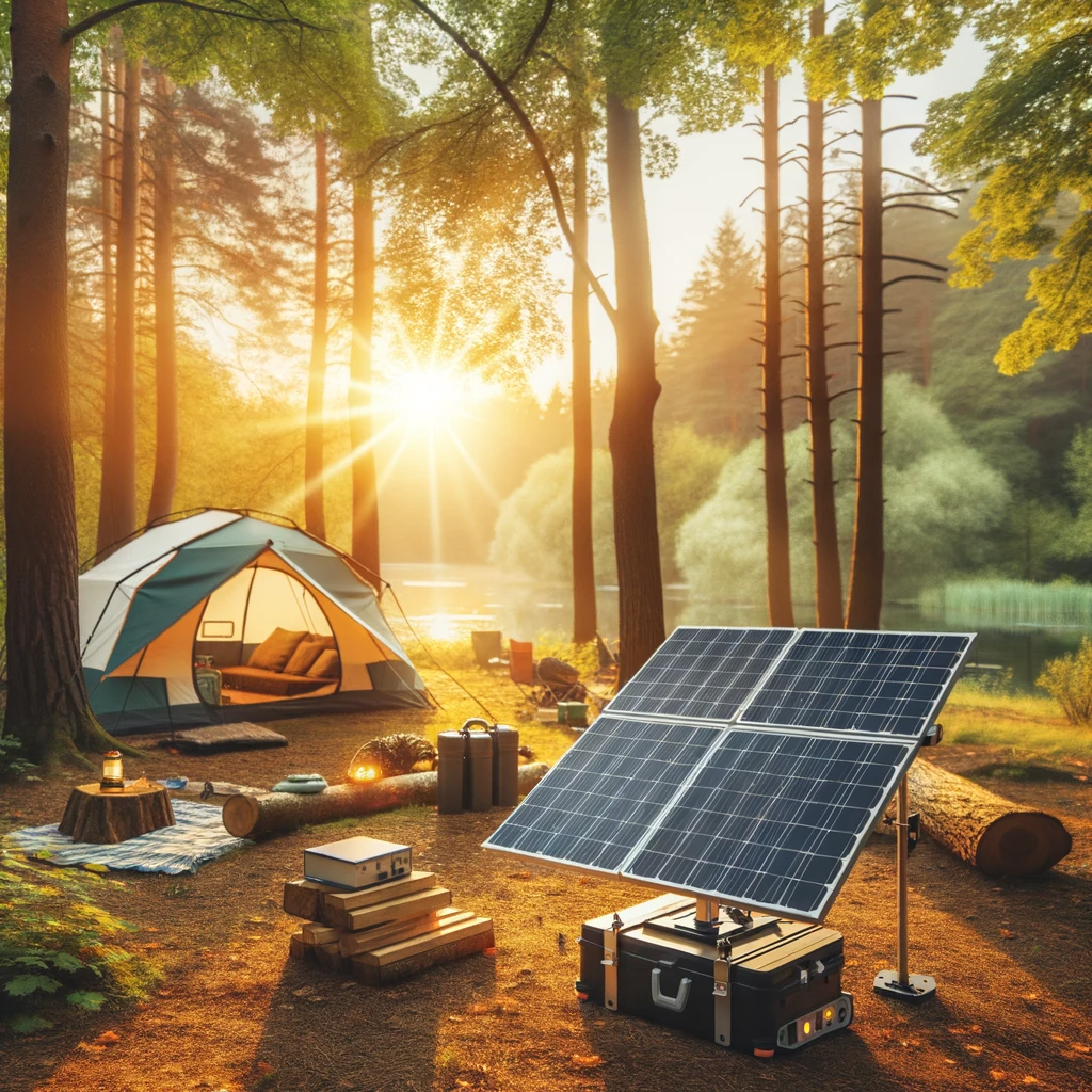 A serene campsite with portable solar panels capturing the sun's rays