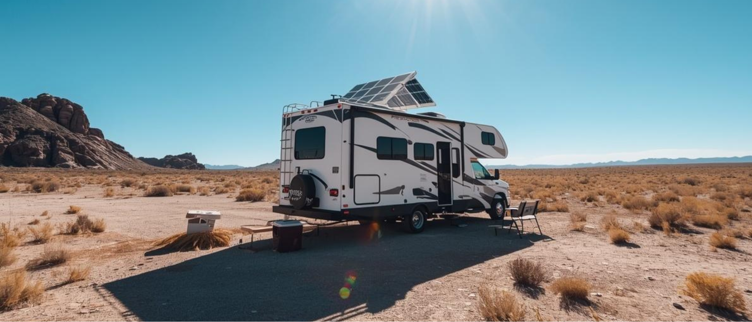 RV parked in a desert with solar panels on a clear day