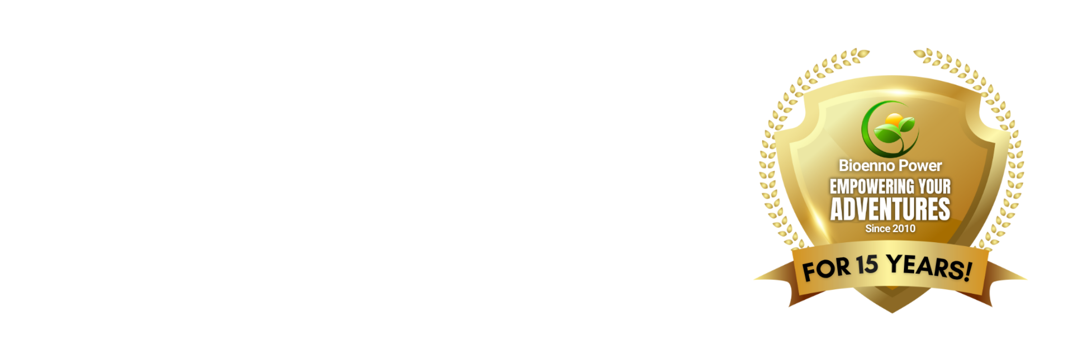 White homepage banner celebrating Bioenno Power’s 15-year anniversary, featuring a commemorative emblem on the right and bold black text highlighting the milestone and company legacy in clean energy solutions.