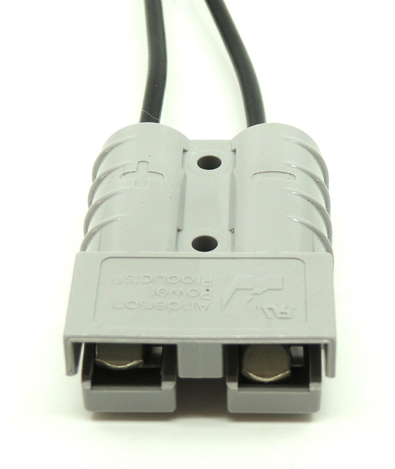 Close-up of a grey SB50 Anderson Power Products connector with twin black cables, used for high-current Bioenno Power battery and solar applications.