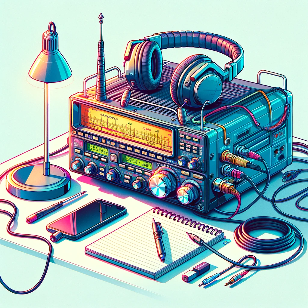 An illustration of a ham radio setup on a white desk. The radio features a large speaker, tuning knobs, and a backlit display. Colorful cables connect various devices, and headphones and a notepad add detail to the scene.